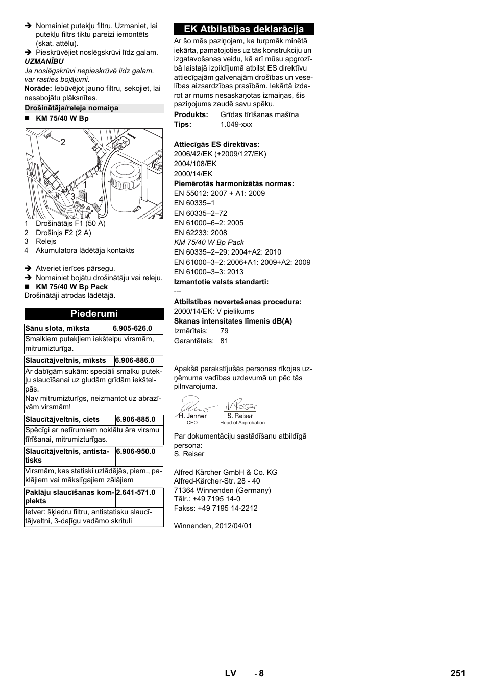 Drošinātāja/releja nomaiņa, Piederumi, Ek atbilstības deklarācija | Karcher KM 75-40 W Bp Pack User Manual | Page 251 / 276