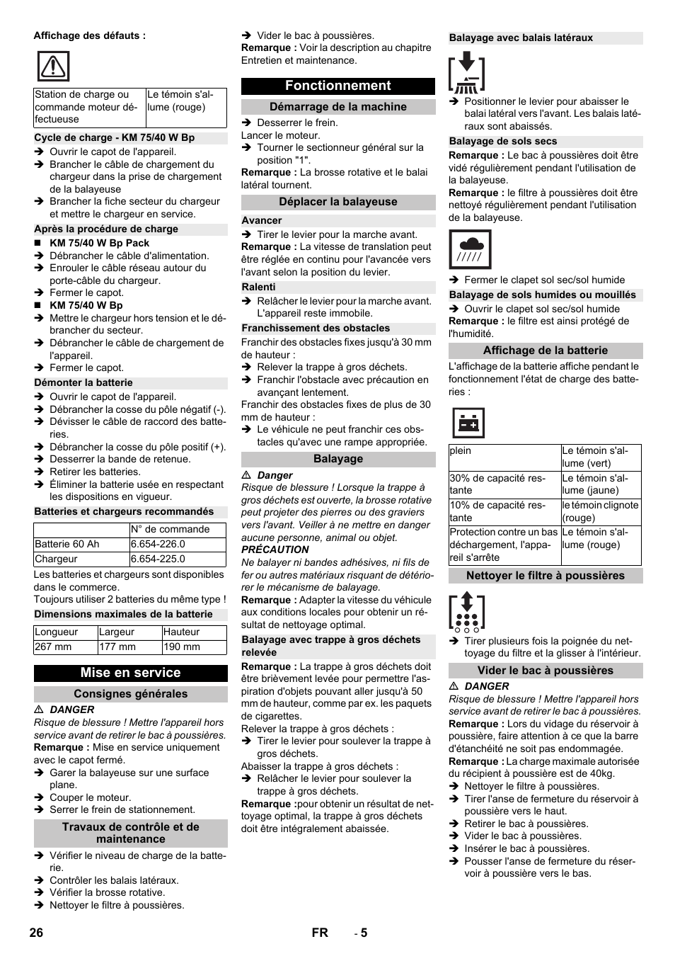 Cycle de charge - km 75/40 w bp, Après la procédure de charge, Démonter la batterie | Batteries et chargeurs recommandés, Dimensions maximales de la batterie, Mise en service, Consignes générales, Travaux de contrôle et de maintenance, Fonctionnement, Démarrage de la machine | Karcher KM 75-40 W Bp Pack User Manual | Page 26 / 276