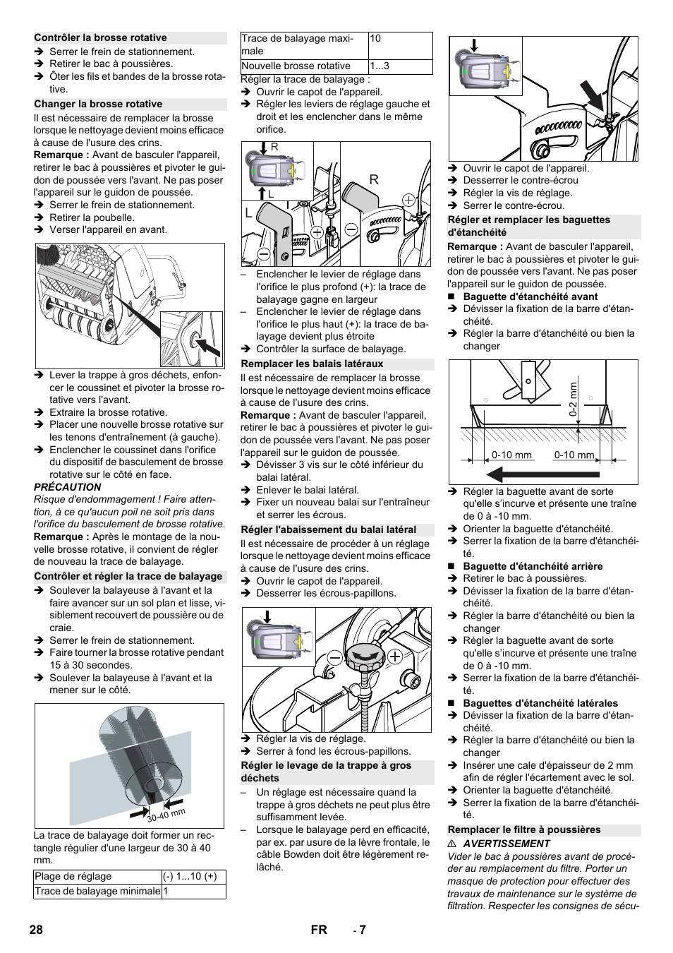 Contrôler la brosse rotative, Changer la brosse rotative, Contrôler et régler la trace de balayage | Remplacer les balais latéraux, Régler l'abaissement du balai latéral, Régler le levage de la trappe à gros déchets, Régler et remplacer les baguettes d'étanchéité, Remplacer le filtre à poussières | Karcher KM 75-40 W Bp Pack User Manual | Page 28 / 276