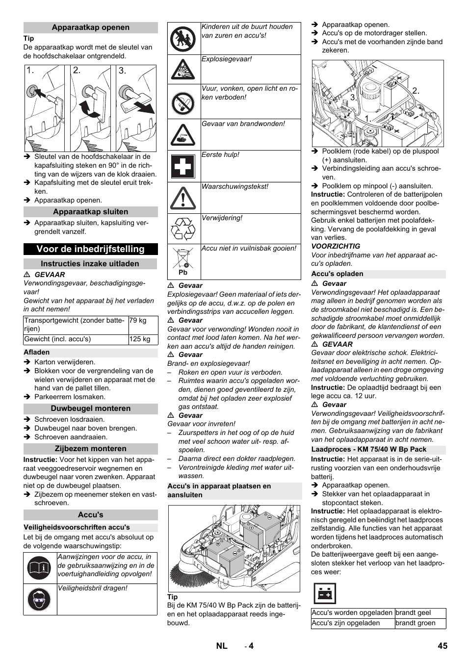 Apparaatkap openen, Apparaatkap sluiten, Voor de inbedrijfstelling | Instructies inzake uitladen, Afladen, Duwbeugel monteren, Zijbezem monteren, Accu's, Veiligheidsvoorschriften accu's, Accu's in apparaat plaatsen en aansluiten | Karcher KM 75-40 W Bp Pack User Manual | Page 45 / 276