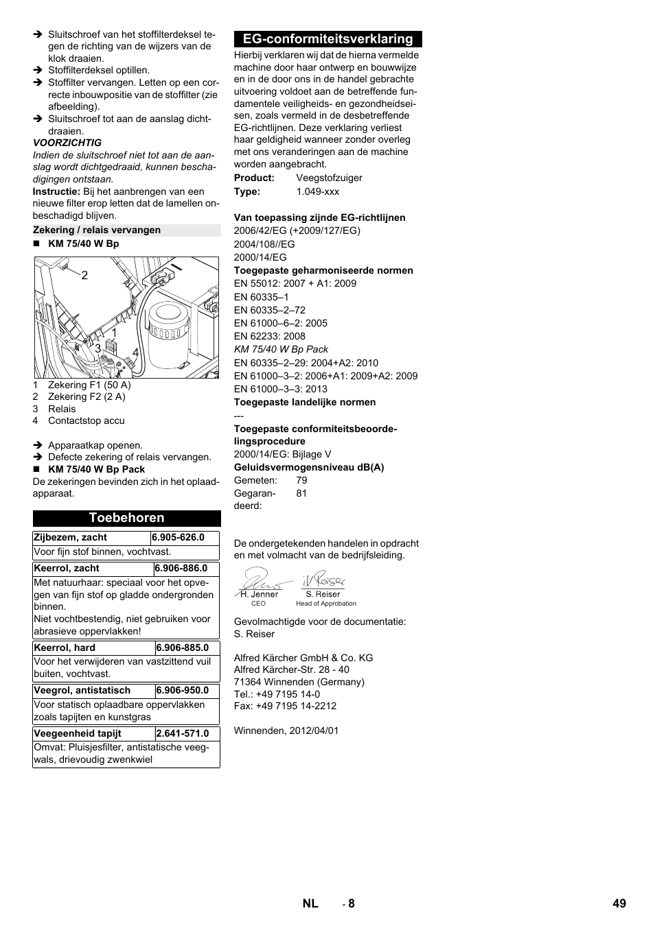 Zekering / relais vervangen, Toebehoren, Eg-conformiteitsverklaring | Karcher KM 75-40 W Bp Pack User Manual | Page 49 / 276