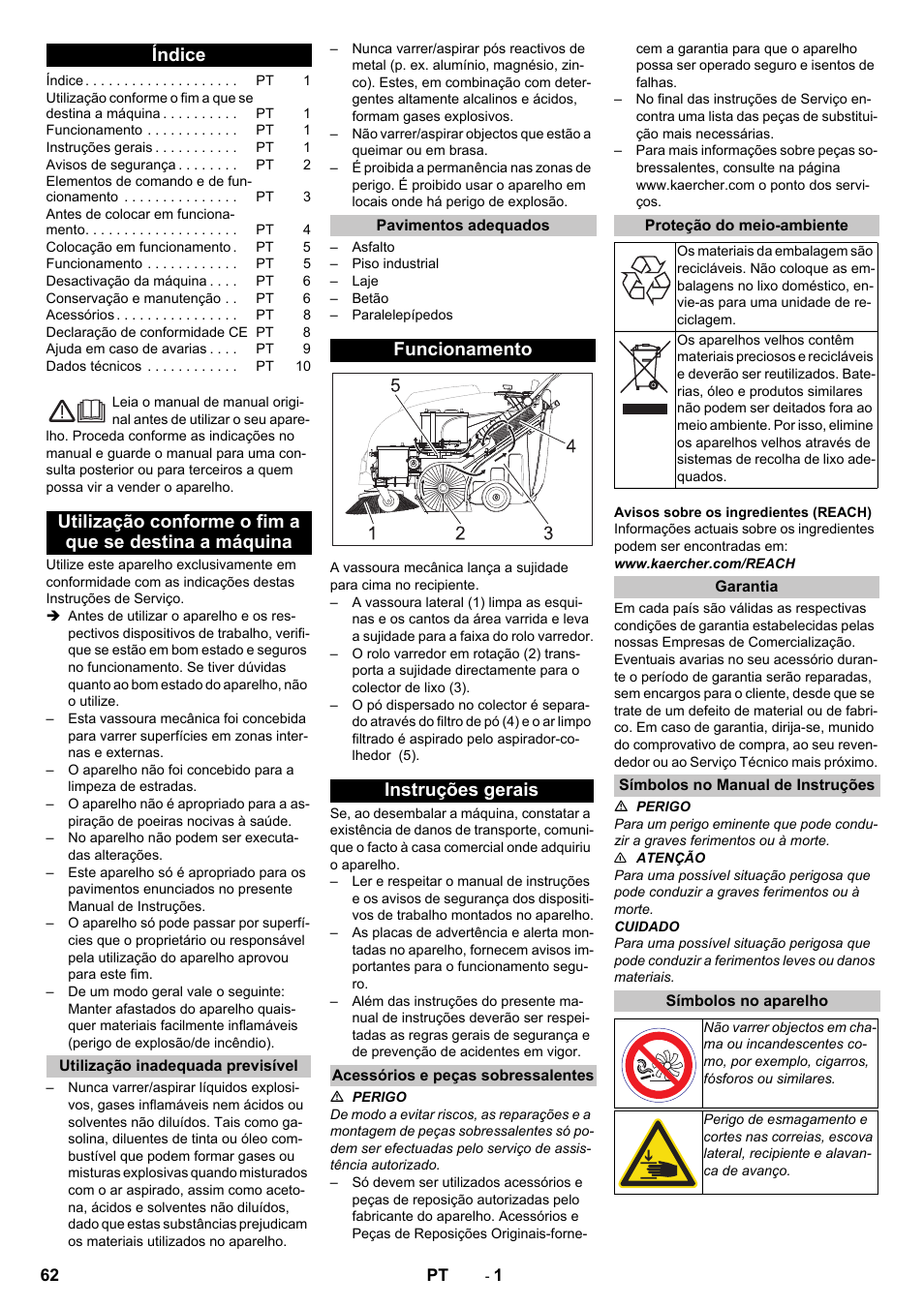 Português, Índice, Utilização inadequada previsível | Pavimentos adequados, Funcionamento, Instruções gerais, Acessórios e peças sobressalentes, Proteção do meio-ambiente, Garantia, Símbolos no manual de instruções | Karcher KM 75-40 W Bp Pack User Manual | Page 62 / 276