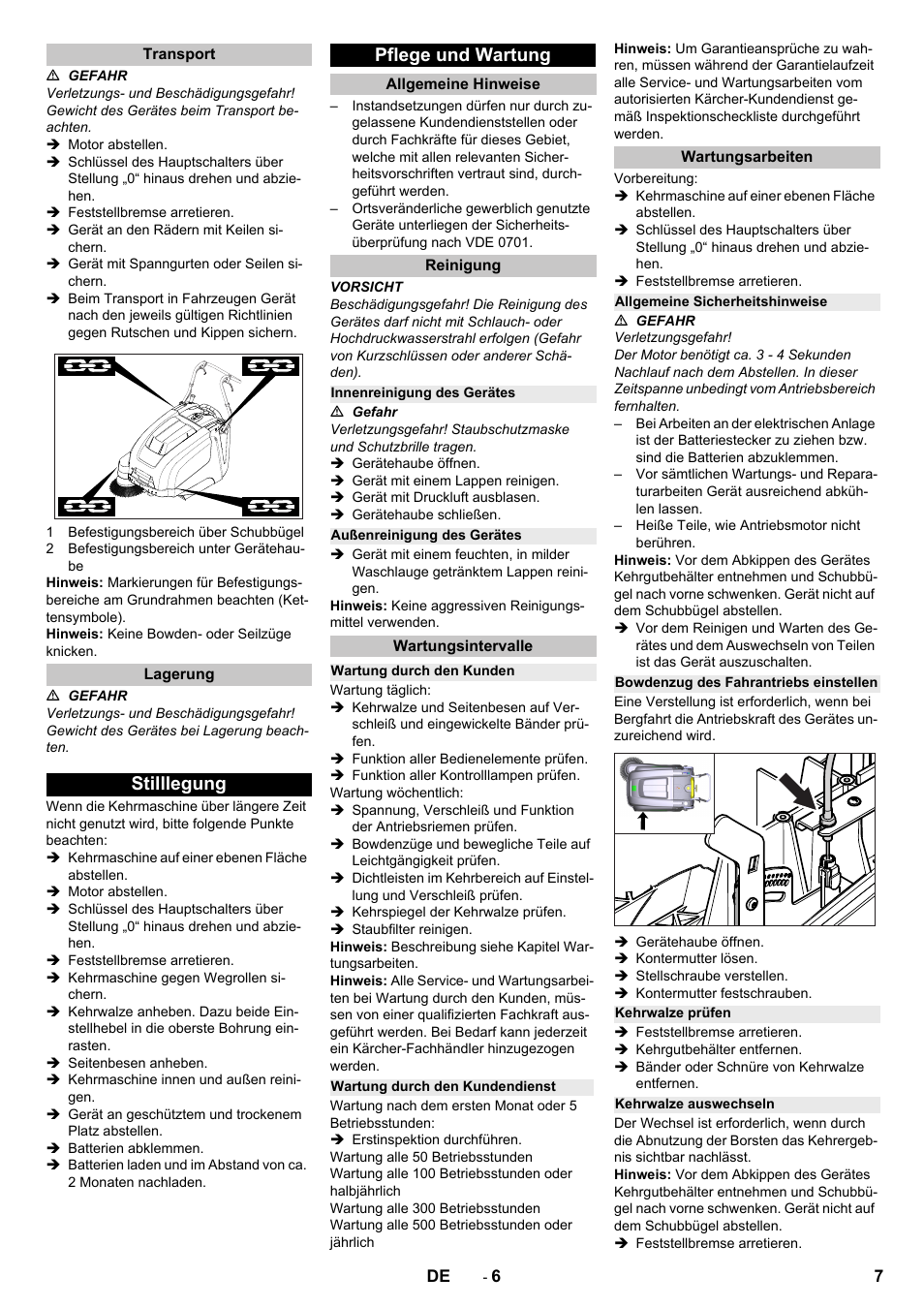 Transport, Lagerung, Stilllegung | Pflege und wartung, Allgemeine hinweise, Reinigung, Innenreinigung des gerätes, Außenreinigung des gerätes, Wartungsintervalle, Wartung durch den kunden | Karcher KM 75-40 W Bp Pack User Manual | Page 7 / 276