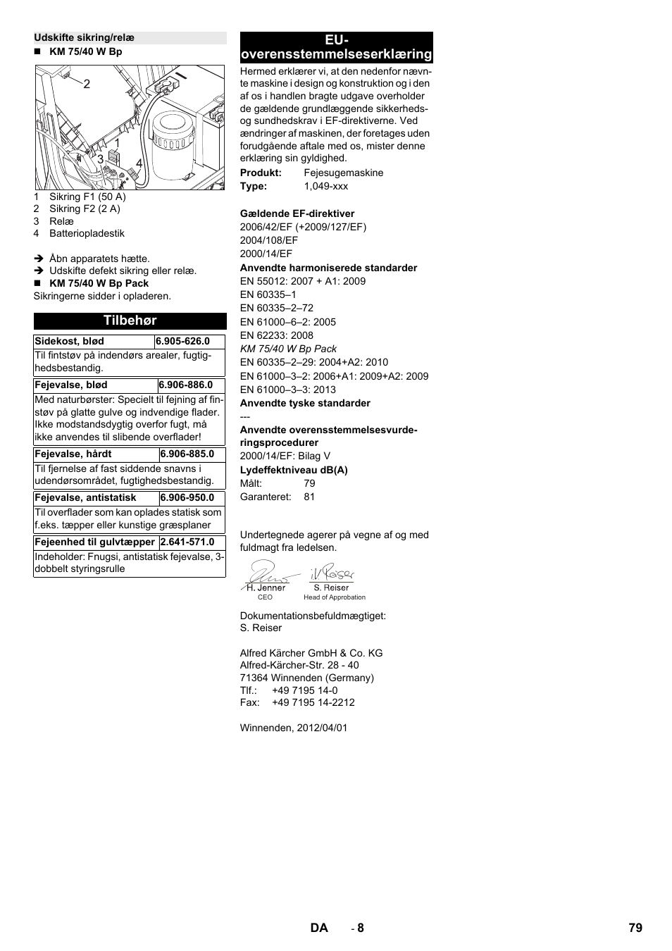 Udskifte sikring/relæ, Tilbehør, Eu- overensstemmelseserklæring | Karcher KM 75-40 W Bp Pack User Manual | Page 79 / 276