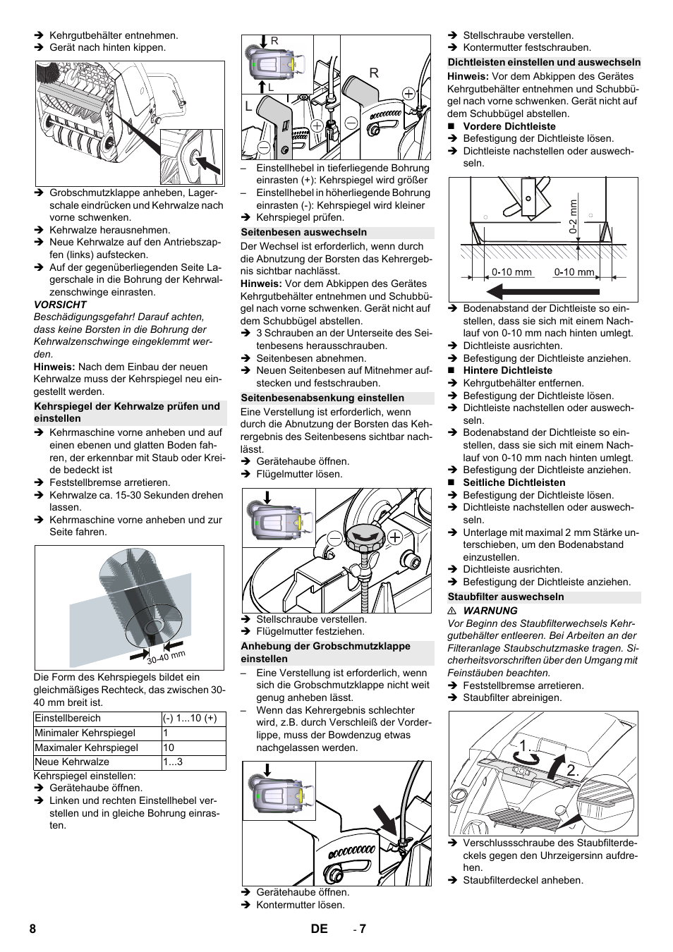 Kehrspiegel der kehrwalze prüfen und einstellen, Seitenbesen auswechseln, Seitenbesenabsenkung einstellen | Anhebung der grobschmutzklappe einstellen, Dichtleisten einstellen und auswechseln, Staubfilter auswechseln | Karcher KM 75-40 W Bp Pack User Manual | Page 8 / 276