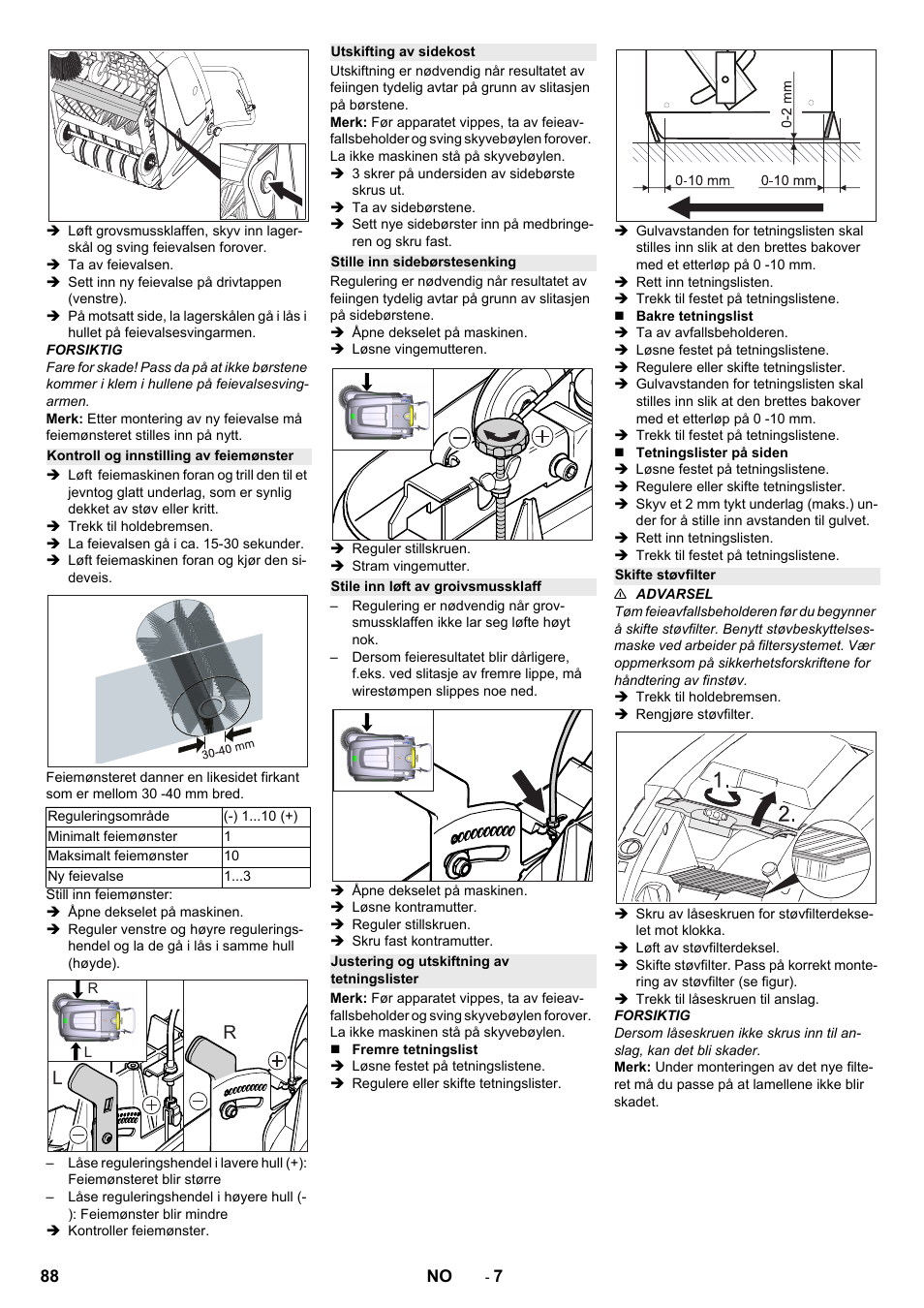 Kontroll og innstilling av feiemønster, Utskifting av sidekost, Stille inn sidebørstesenking | Stile inn løft av groivsmussklaff, Justering og utskiftning av tetningslister, Skifte støvfilter | Karcher KM 75-40 W Bp Pack User Manual | Page 88 / 276