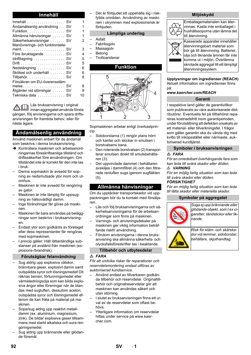 Svenska, Innehåll, Ändamålsenlig användning | Förutsägbar felanvändning, Lämpliga underlag, Funktion, Allmänna hänvisningar, Tillbehör och utbytesdelar, Miljöskydd, Garanti | Karcher KM 75-40 W Bp Pack User Manual | Page 92 / 276