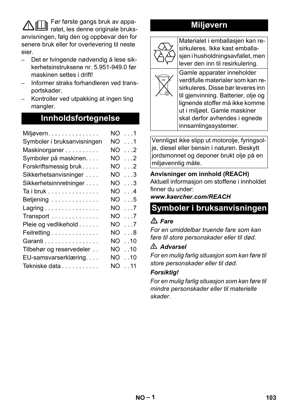 Norsk, Innholdsfortegnelse, Miljøvern | Symboler i bruksanvisningen | Karcher HDS 801 D User Manual | Page 103 / 324