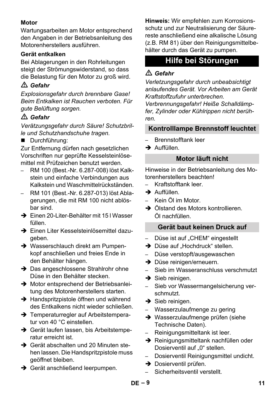 Motor, Gerät entkalken, Hilfe bei störungen | Kontrolllampe brennstoff leuchtet, Motor läuft nicht, Gerät baut keinen druck auf | Karcher HDS 801 D User Manual | Page 11 / 324