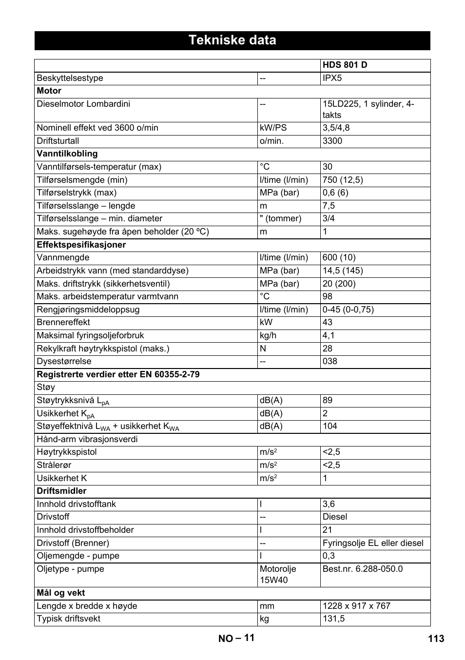 Tekniske data | Karcher HDS 801 D User Manual | Page 113 / 324