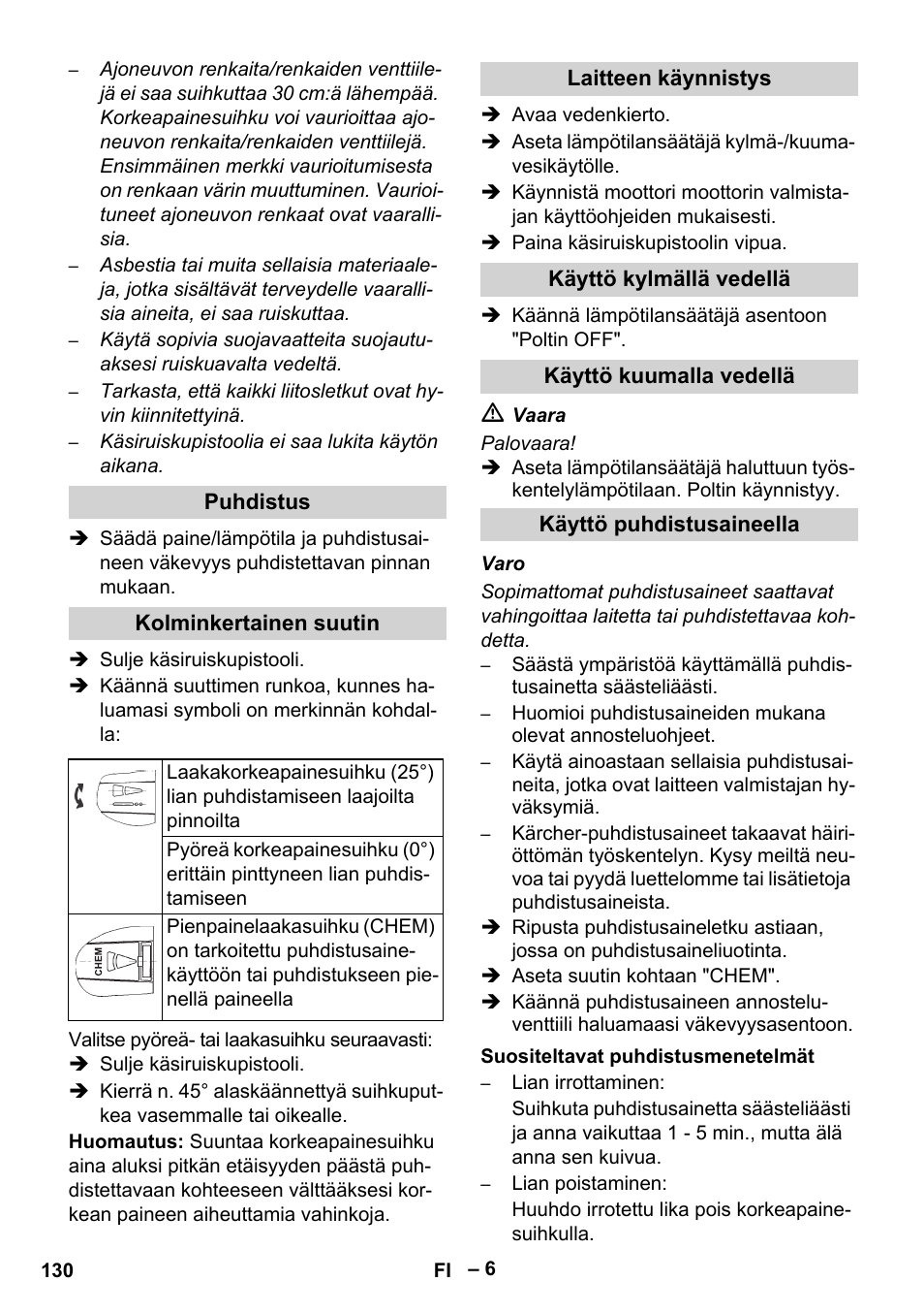 Puhdistus, Kolminkertainen suutin, Laitteen käynnistys | Käyttö kylmällä vedellä, Käyttö kuumalla vedellä, Käyttö puhdistusaineella, Suositeltavat puhdistusmenetelmät | Karcher HDS 801 D User Manual | Page 130 / 324