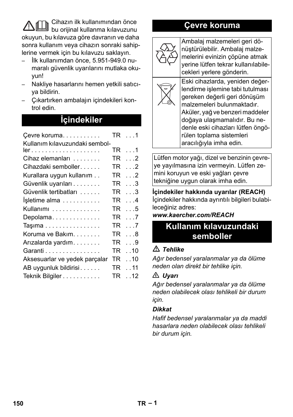 Türkçe, Içindekiler, Çevre koruma | Kullanım kılavuzundaki semboller | Karcher HDS 801 D User Manual | Page 150 / 324