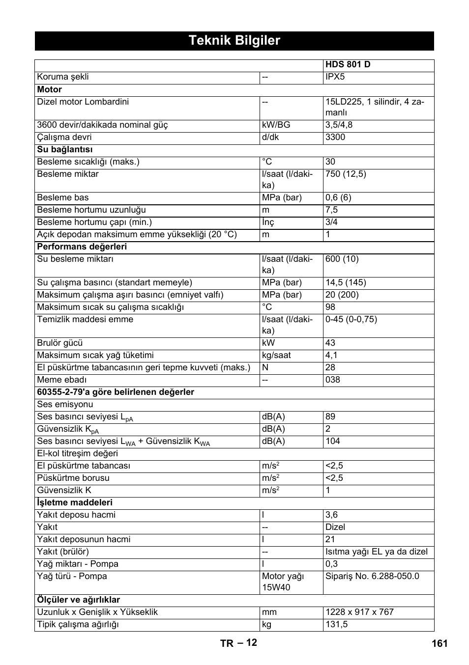Teknik bilgiler | Karcher HDS 801 D User Manual | Page 161 / 324