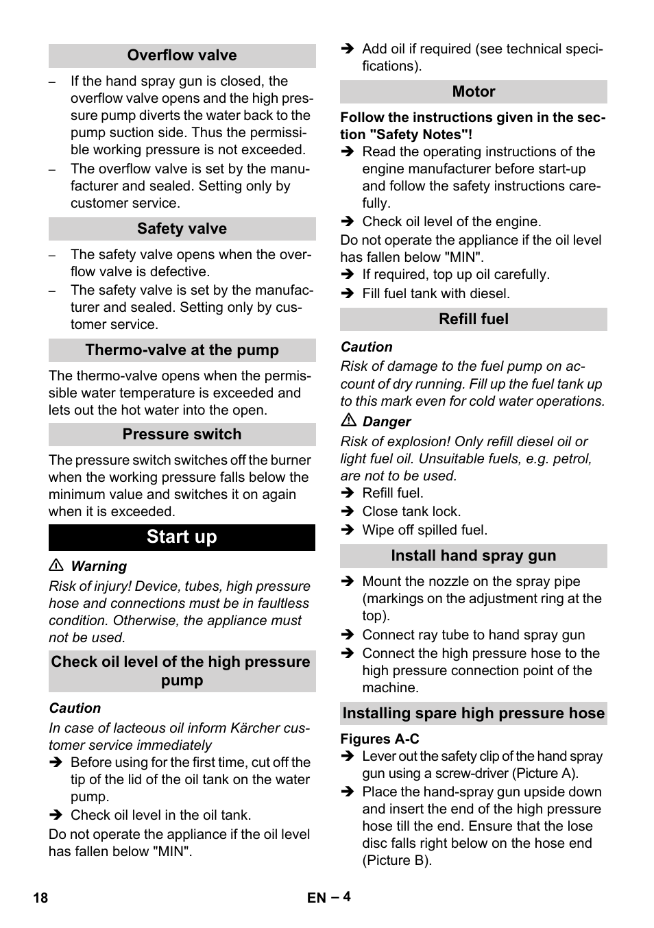Overflow valve, Safety valve, Thermo-valve at the pump | Pressure switch, Start up, Check oil level of the high pressure pump, Motor, Refill fuel, Install hand spray gun, Installing spare high pressure hose | Karcher HDS 801 D User Manual | Page 18 / 324