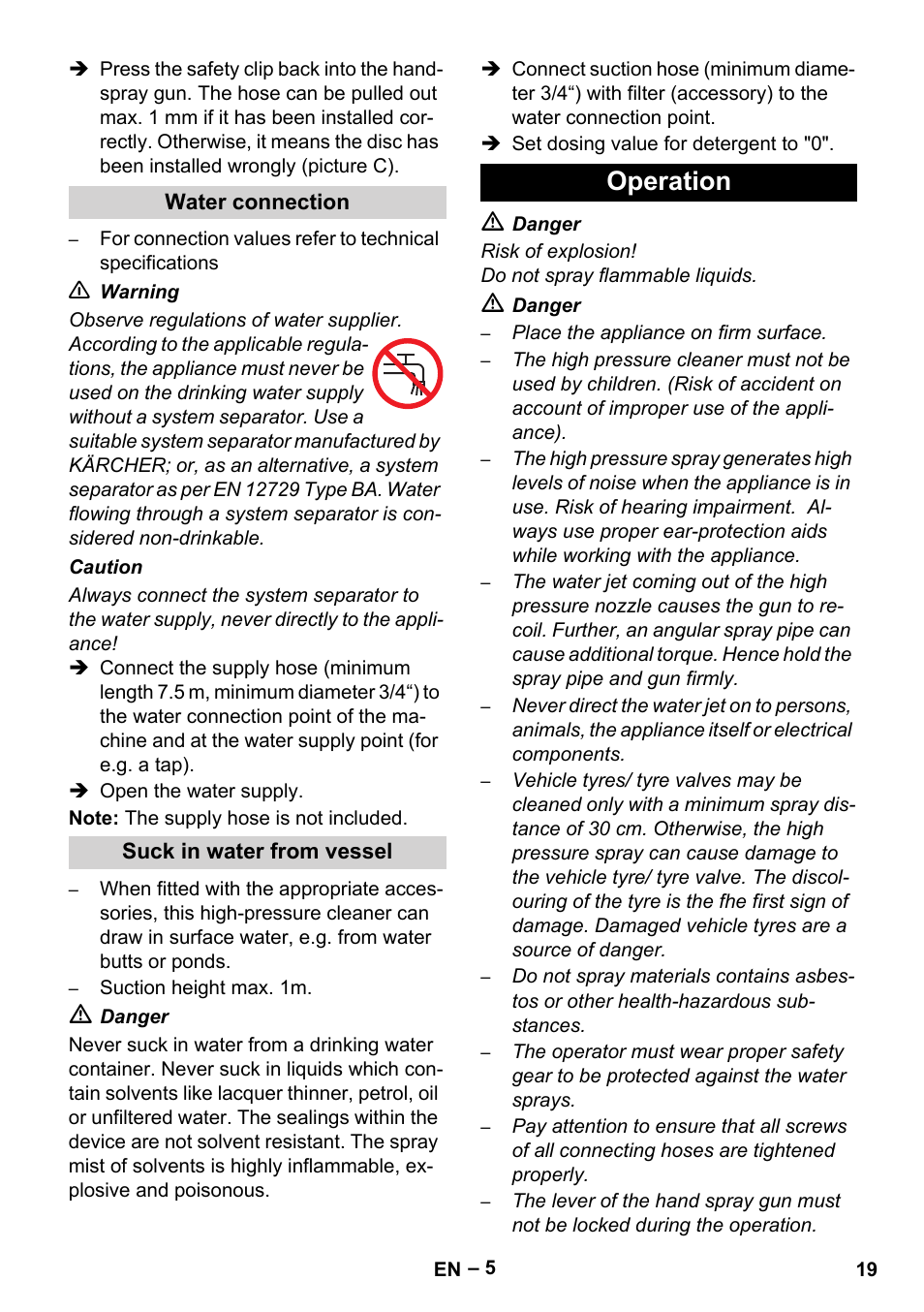 Water connection, Suck in water from vessel, Operation | Karcher HDS 801 D User Manual | Page 19 / 324