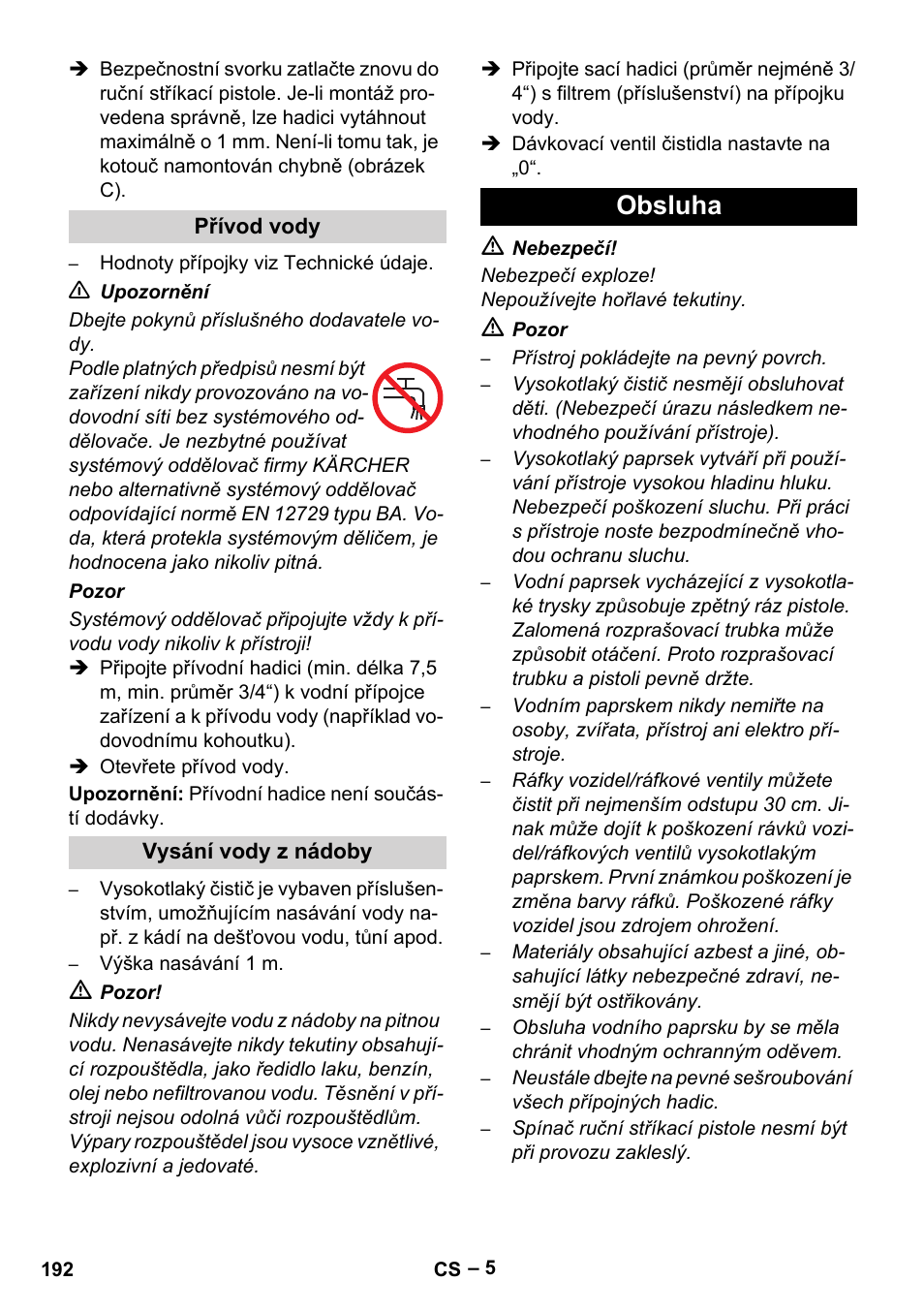 Přívod vody, Vysání vody z nádoby, Obsluha | Karcher HDS 801 D User Manual | Page 192 / 324