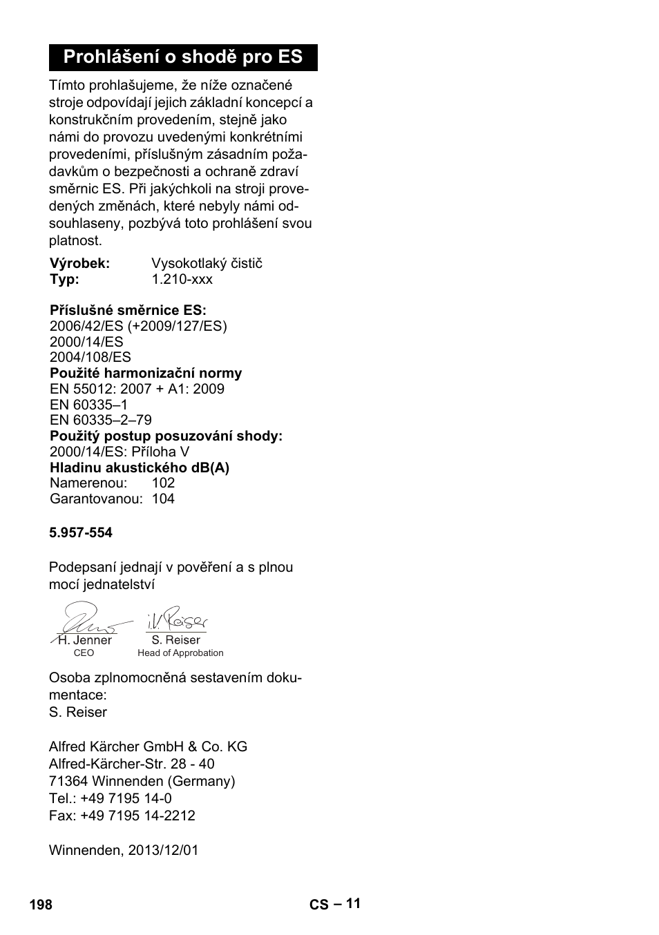 Prohlášení o shodě pro es | Karcher HDS 801 D User Manual | Page 198 / 324