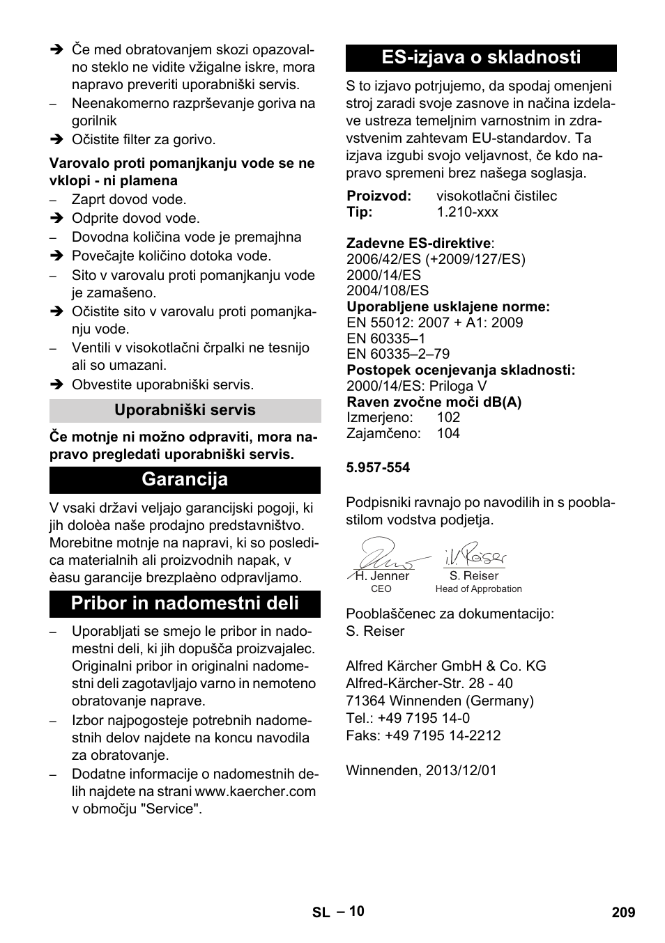 Uporabniški servis, Garancija, Pribor in nadomestni deli | Es-izjava o skladnosti | Karcher HDS 801 D User Manual | Page 209 / 324