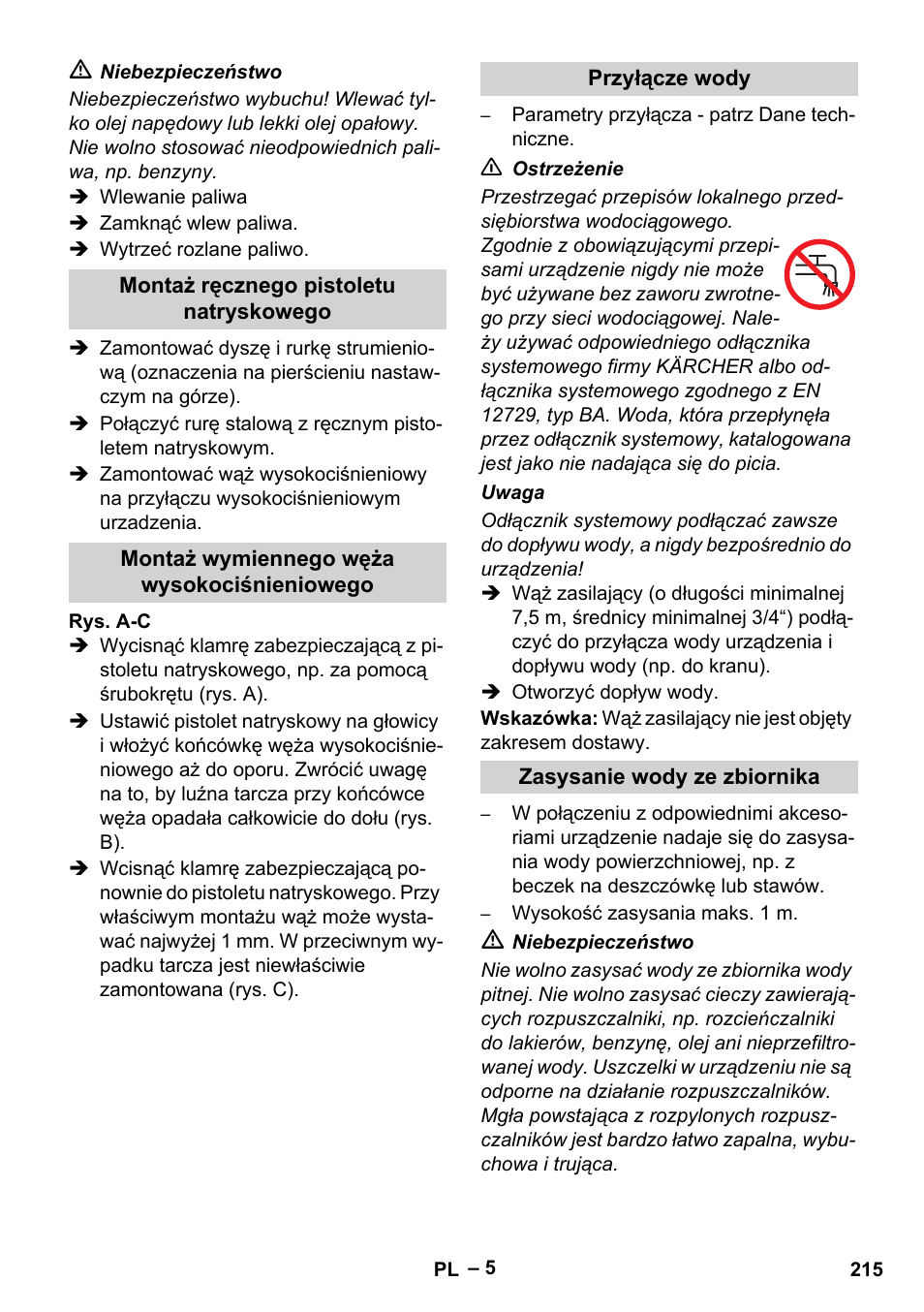 Montaż ręcznego pistoletu natryskowego, Montaż wymiennego węża wysokociśnieniowego, Przyłącze wody | Zasysanie wody ze zbiornika | Karcher HDS 801 D User Manual | Page 215 / 324