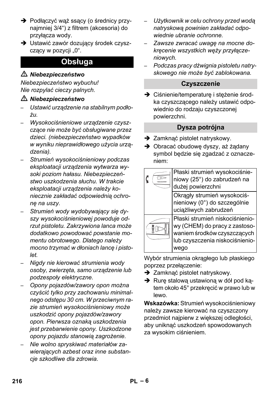 Obsługa, Czyszczenie, Dysza potrójna | Karcher HDS 801 D User Manual | Page 216 / 324