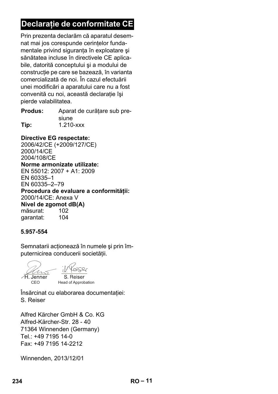 Declaraţie de conformitate ce | Karcher HDS 801 D User Manual | Page 234 / 324