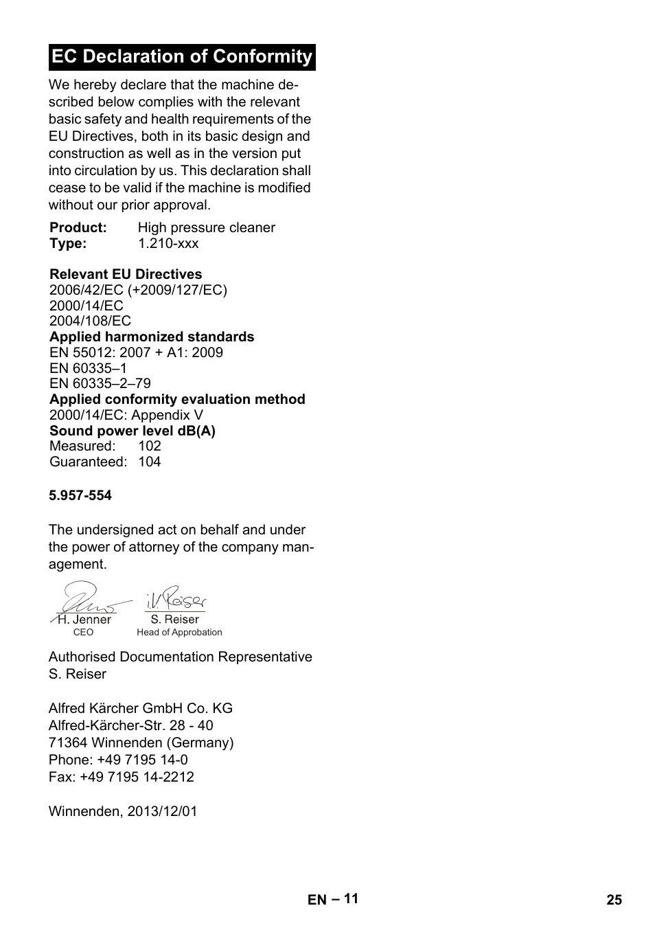 Ec declaration of conformity | Karcher HDS 801 D User Manual | Page 25 / 324