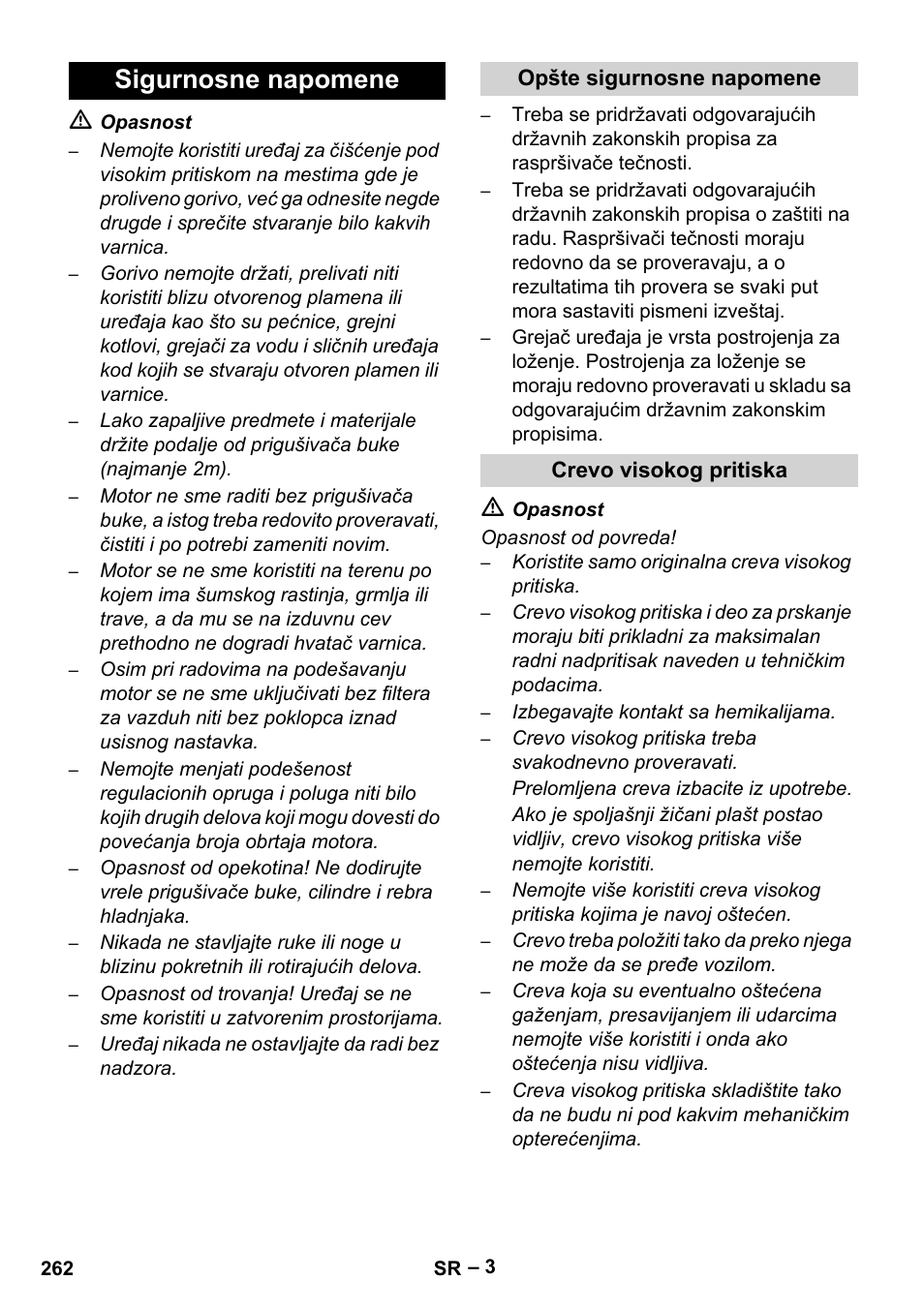 Sigurnosne napomene, Opšte sigurnosne napomene, Crevo visokog pritiska | Karcher HDS 801 D User Manual | Page 262 / 324