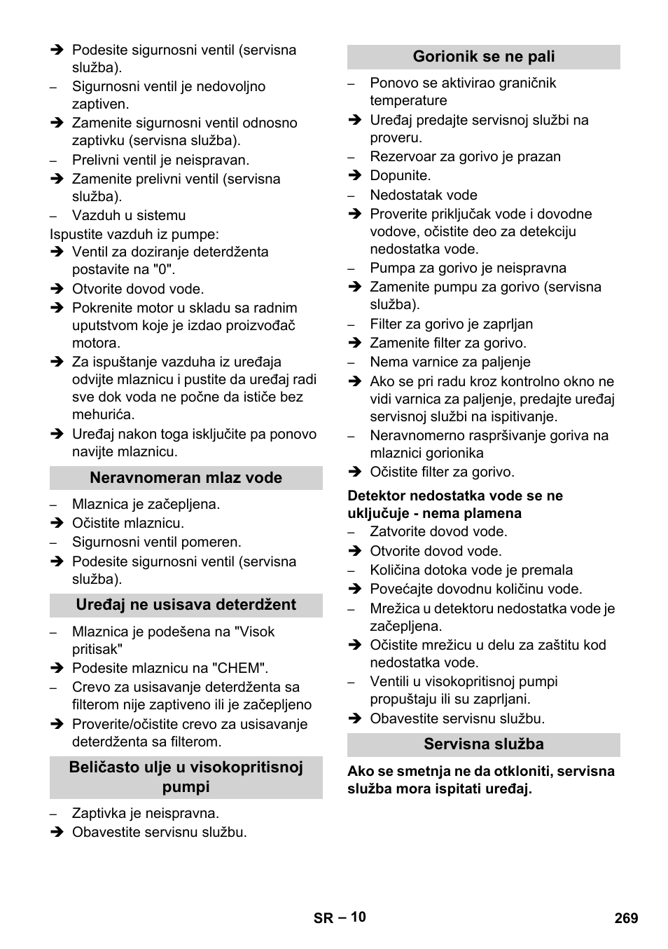 Neravnomeran mlaz vode, Uređaj ne usisava deterdžent, Beličasto ulje u visokopritisnoj pumpi | Gorionik se ne pali, Servisna služba | Karcher HDS 801 D User Manual | Page 269 / 324