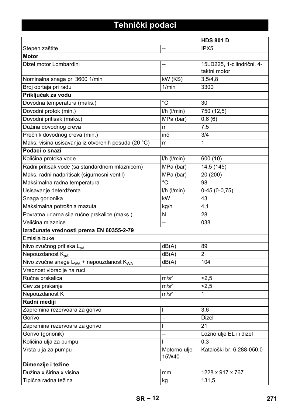 Tehnički podaci | Karcher HDS 801 D User Manual | Page 271 / 324