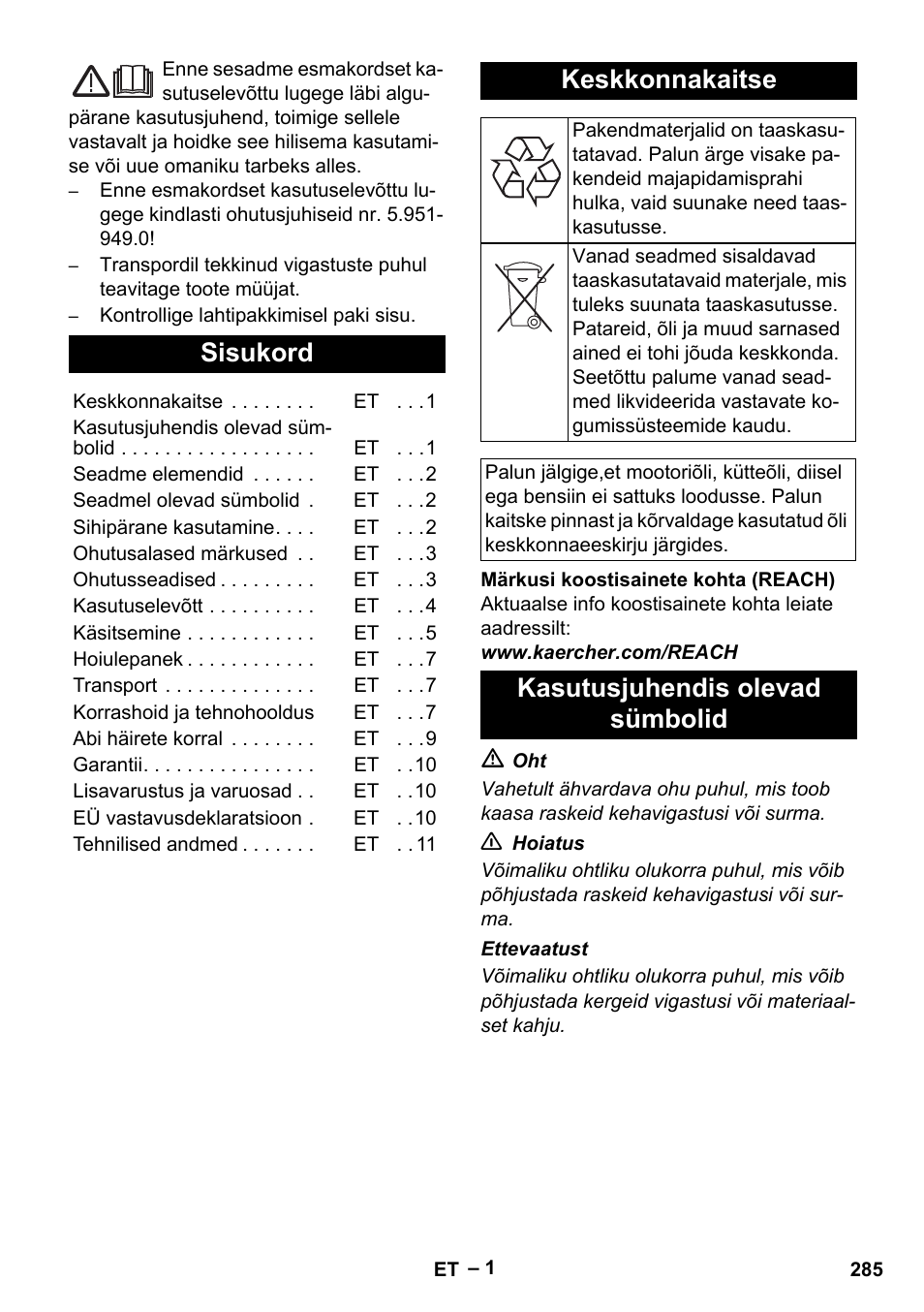 Eesti, Sisukord, Keskkonnakaitse | Kasutusjuhendis olevad sümbolid | Karcher HDS 801 D User Manual | Page 285 / 324