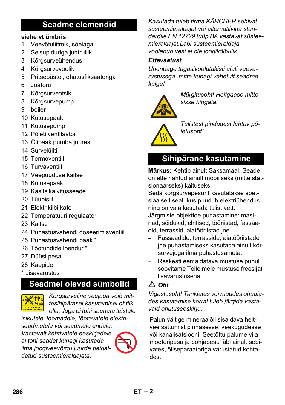 Seadme elemendid, Seadmel olevad sümbolid, Sihipärane kasutamine | Seadme elemendid seadmel olevad sümbolid | Karcher HDS 801 D User Manual | Page 286 / 324