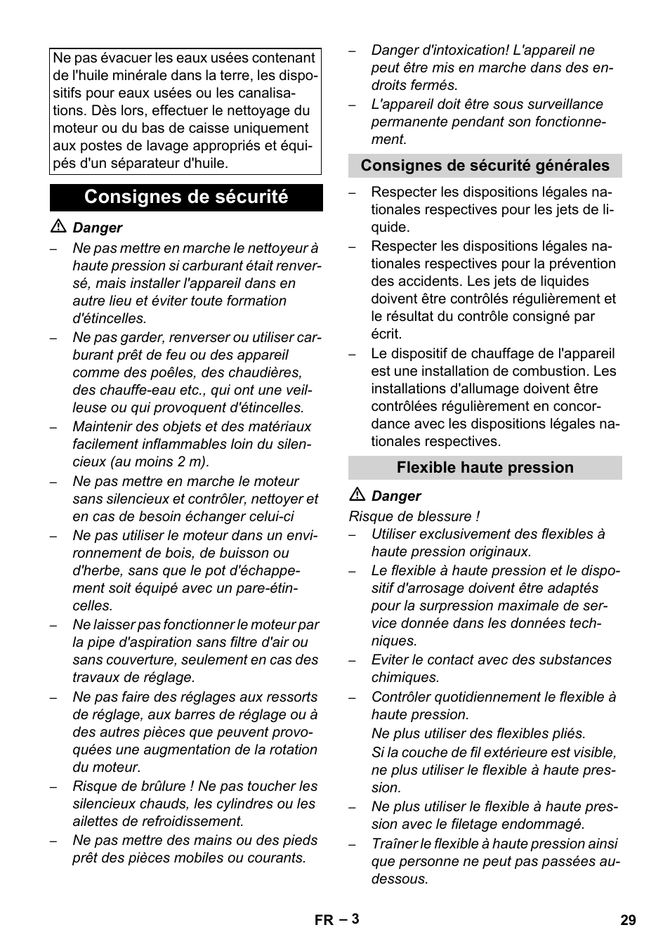 Consignes de sécurité, Consignes de sécurité générales, Flexible haute pression | Karcher HDS 801 D User Manual | Page 29 / 324