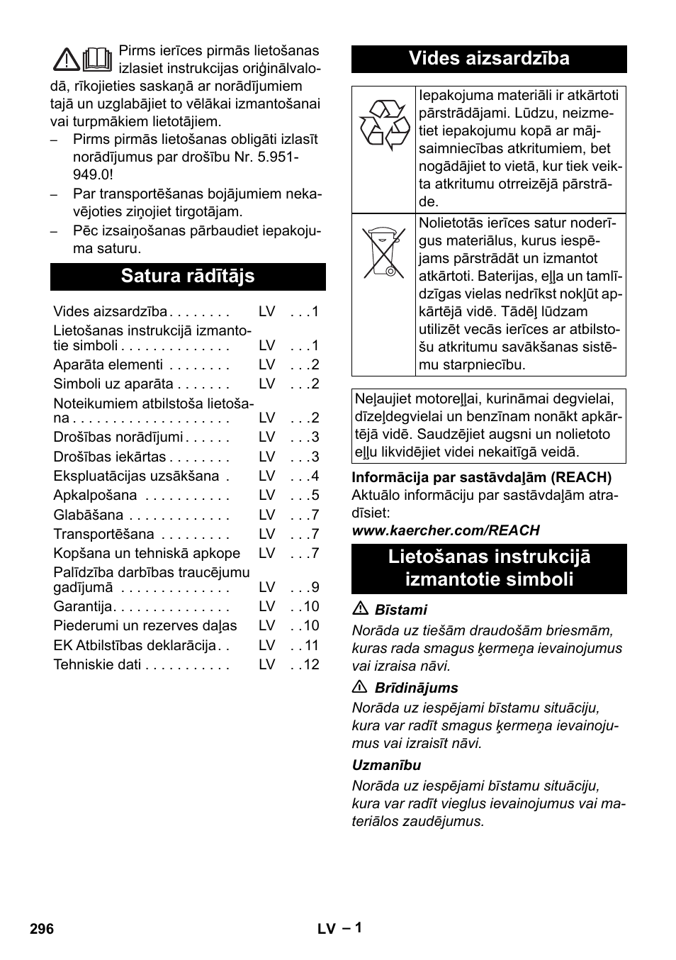 Latviešu, Satura rādītājs, Vides aizsardzība | Lietošanas instrukcijā izmantotie simboli | Karcher HDS 801 D User Manual | Page 296 / 324