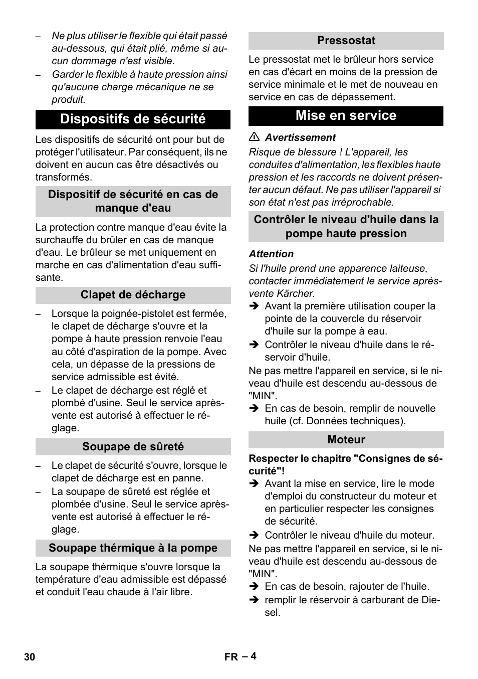 Dispositifs de sécurité, Dispositif de sécurité en cas de manque d'eau, Clapet de décharge | Soupape de sûreté, Soupape thérmique à la pompe, Pressostat, Mise en service, Moteur | Karcher HDS 801 D User Manual | Page 30 / 324