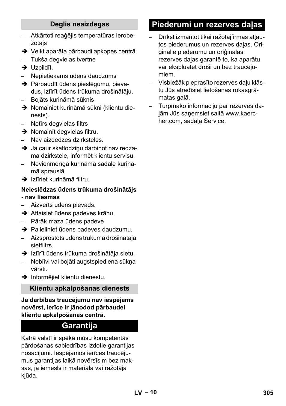 Deglis neaizdegas, Klientu apkalpošanas dienests, Garantija | Piederumi un rezerves daļas, Garantija piederumi un rezerves daļas | Karcher HDS 801 D User Manual | Page 305 / 324