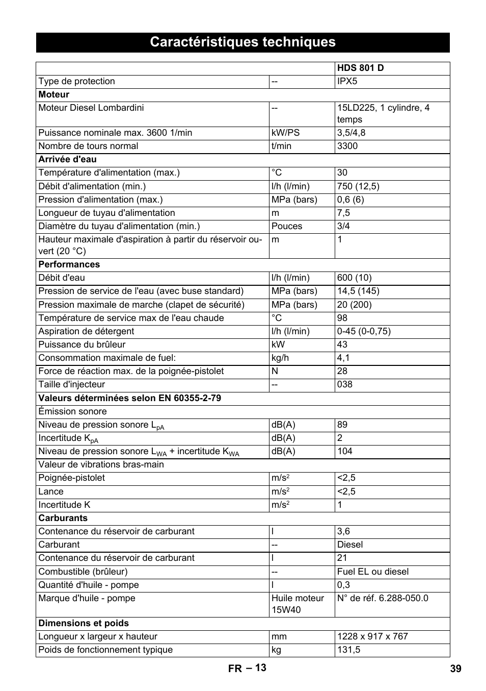 Caractéristiques techniques | Karcher HDS 801 D User Manual | Page 39 / 324