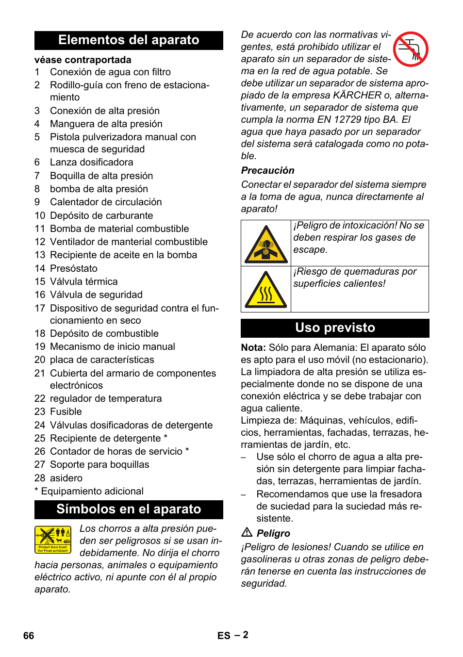 Elementos del aparato, Símbolos en el aparato, Uso previsto | Elementos del aparato símbolos en el aparato | Karcher HDS 801 D User Manual | Page 66 / 324