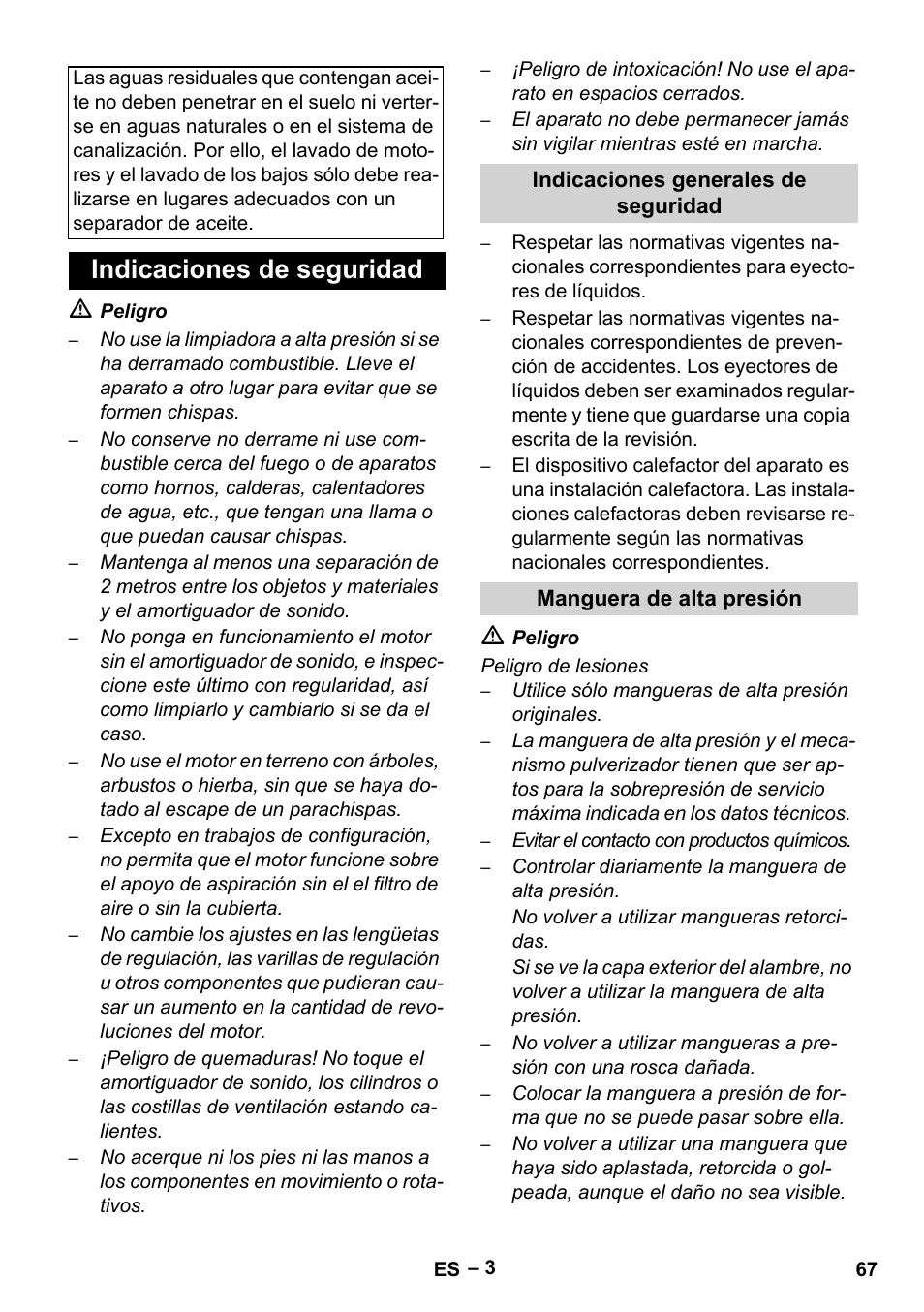 Indicaciones de seguridad, Indicaciones generales de seguridad, Manguera de alta presión | Karcher HDS 801 D User Manual | Page 67 / 324