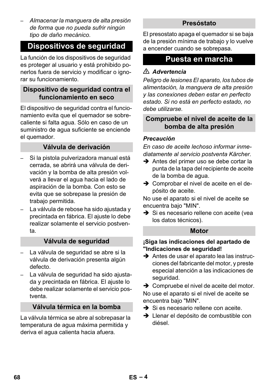 Dispositivos de seguridad, Válvula de derivación, Válvula de seguridad | Válvula térmica en la bomba, Presóstato, Puesta en marcha, Motor | Karcher HDS 801 D User Manual | Page 68 / 324