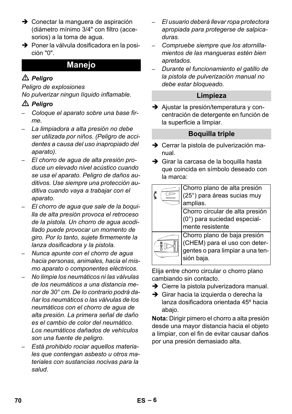 Manejo, Limpieza, Boquilla triple | Karcher HDS 801 D User Manual | Page 70 / 324