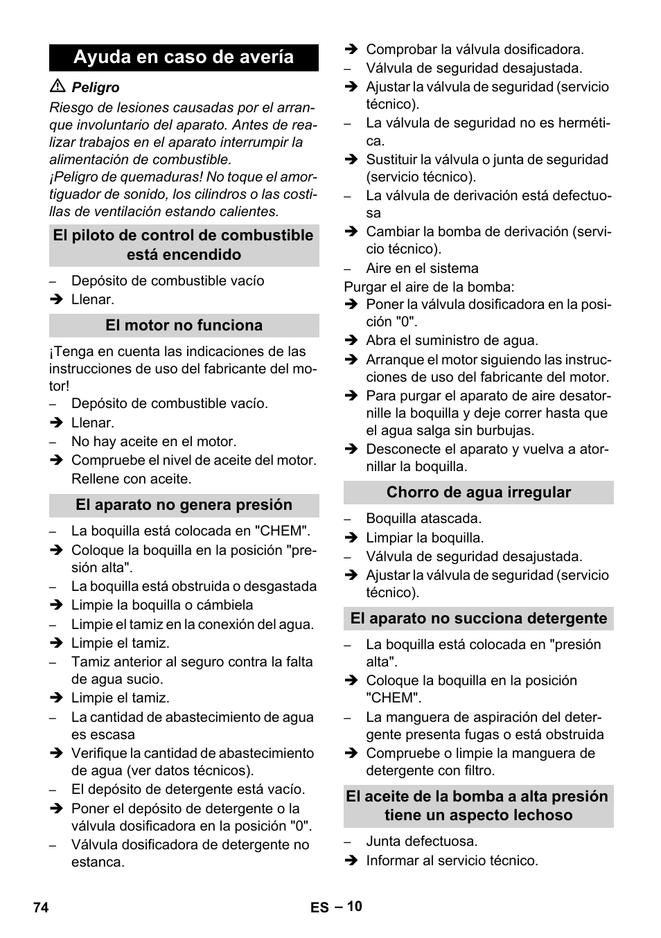 Ayuda en caso de avería, El piloto de control de combustible está encendido, El motor no funciona | El aparato no genera presión, Chorro de agua irregular, El aparato no succiona detergente | Karcher HDS 801 D User Manual | Page 74 / 324