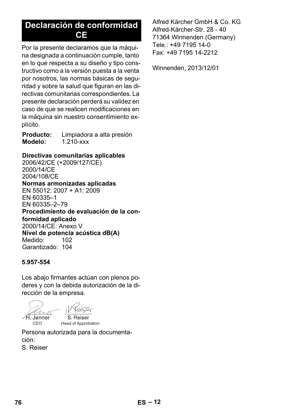 Declaración de conformidad ce | Karcher HDS 801 D User Manual | Page 76 / 324