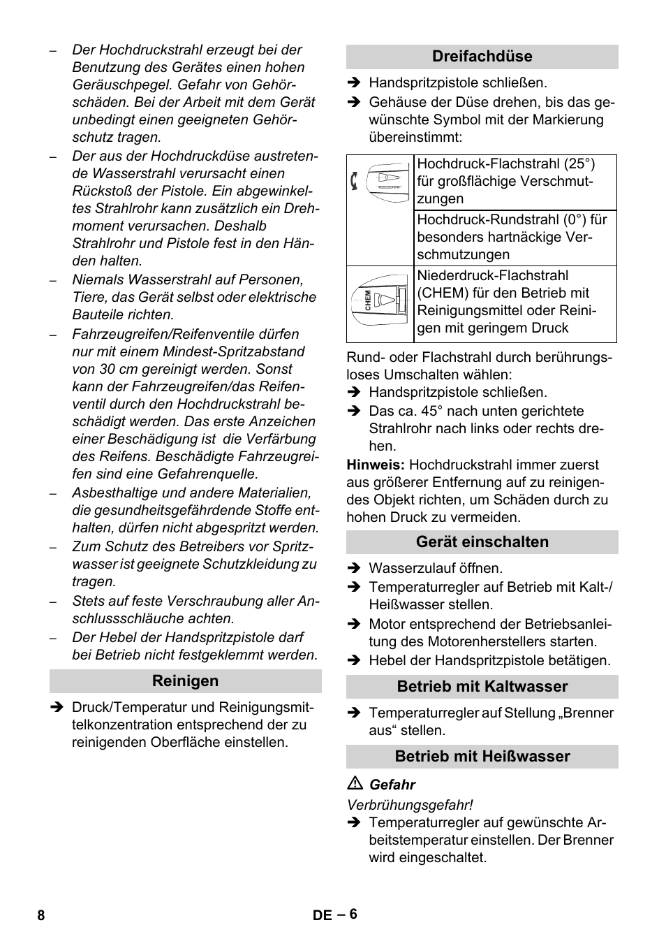 Reinigen, Dreifachdüse, Gerät einschalten | Betrieb mit kaltwasser, Betrieb mit heißwasser | Karcher HDS 801 D User Manual | Page 8 / 324