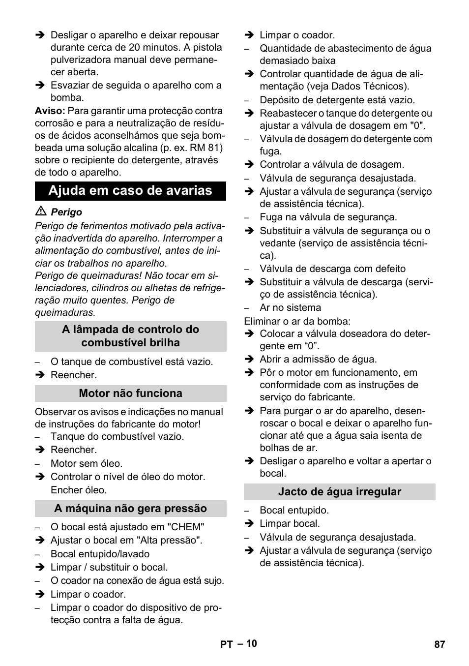 Ajuda em caso de avarias, A lâmpada de controlo do combustível brilha, Motor não funciona | A máquina não gera pressão, Jacto de água irregular | Karcher HDS 801 D User Manual | Page 87 / 324