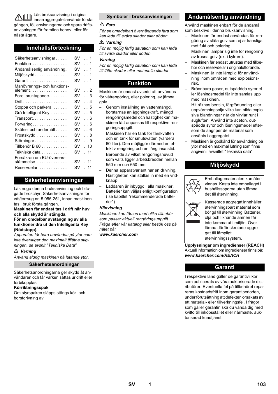 Svenska, Innehållsförteckning, Säkerhetsanvisningar | Funktion ändamålsenlig användning miljöskydd, Garanti | Karcher B 60 W User Manual | Page 103 / 312