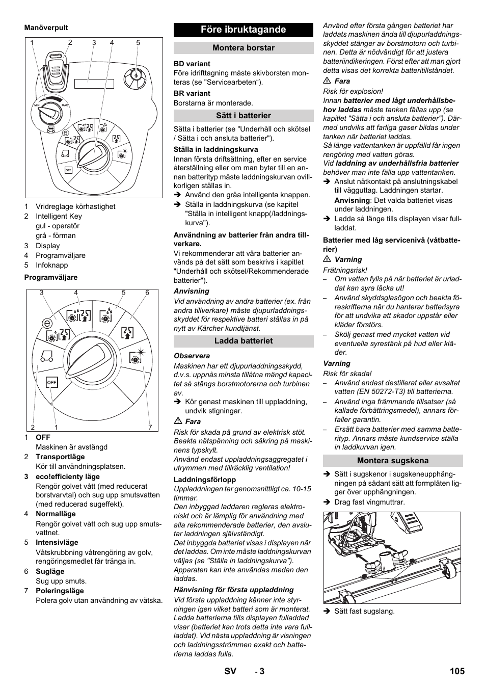 Före ibruktagande | Karcher B 60 W User Manual | Page 105 / 312