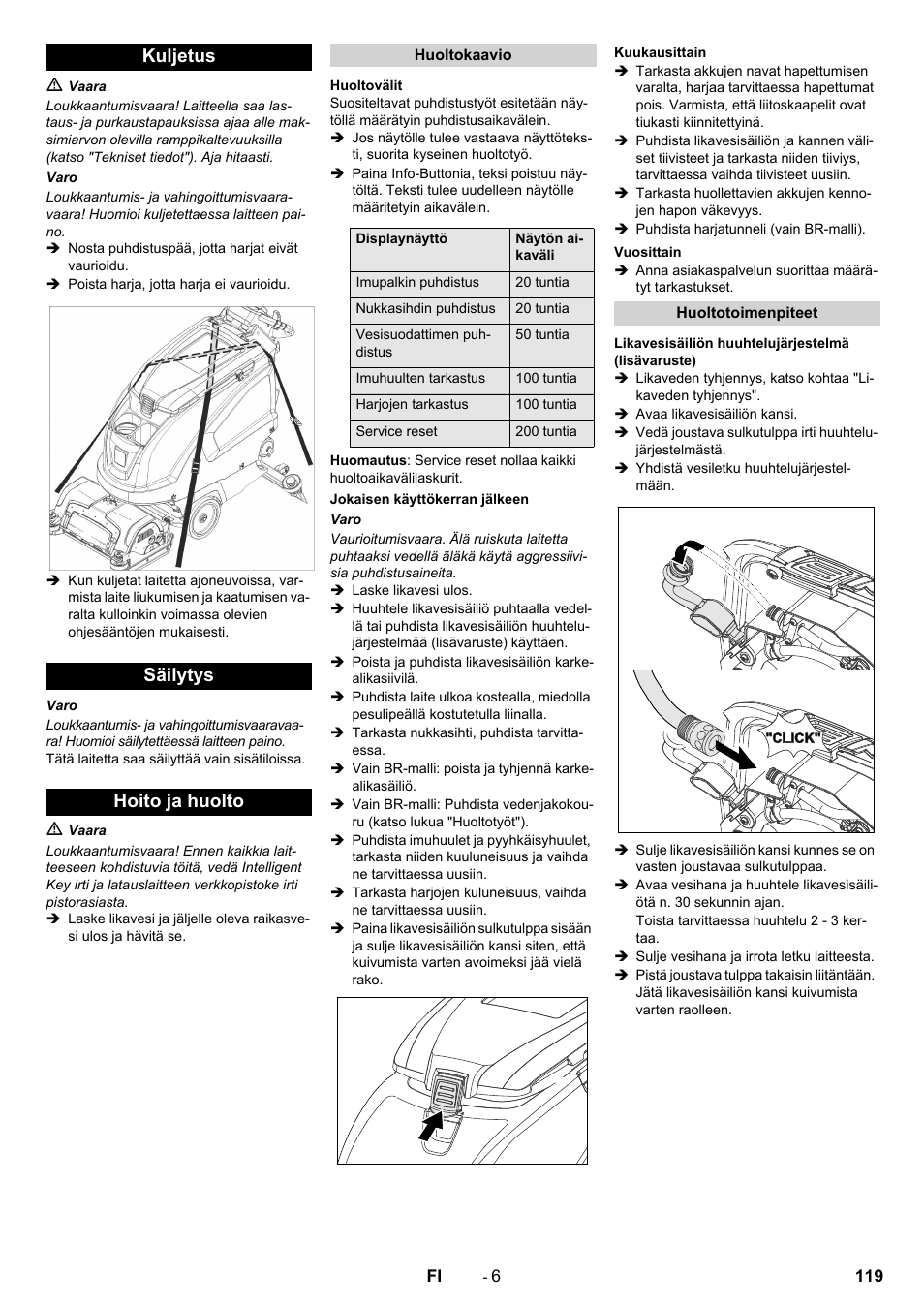 Kuljetus säilytys hoito ja huolto | Karcher B 60 W User Manual | Page 119 / 312