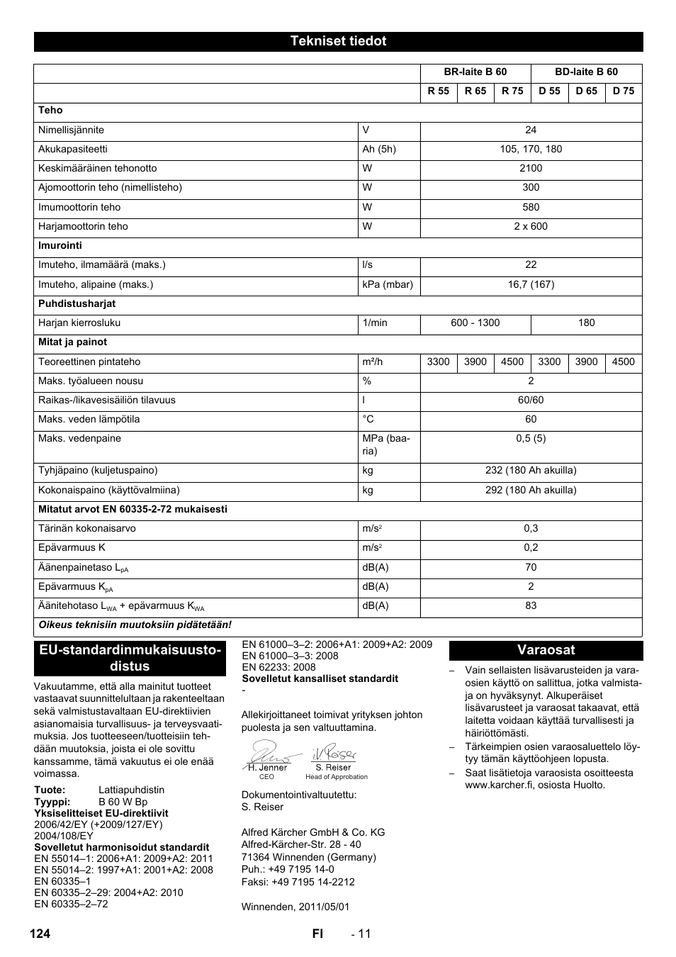 Tekniset tiedot, Eu-standardinmukaisuusto- distus, Varaosat | Karcher B 60 W User Manual | Page 124 / 312