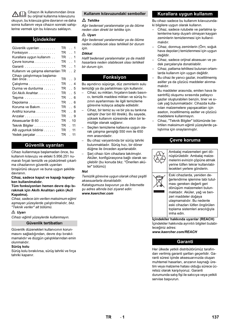 Türkçe, Içindekiler, Güvenlik uyarıları | Fonksiyon kurallara uygun kullanım çevre koruma, Garanti | Karcher B 60 W User Manual | Page 137 / 312