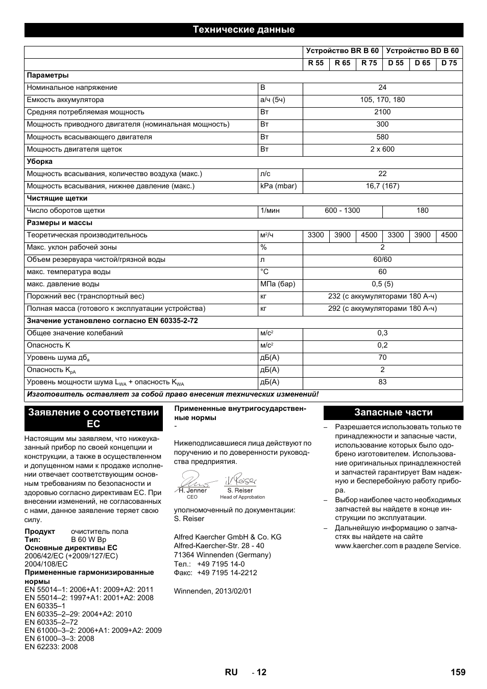 Технические данные, Заявление о соответствии ес, Запасные части | Karcher B 60 W User Manual | Page 159 / 312